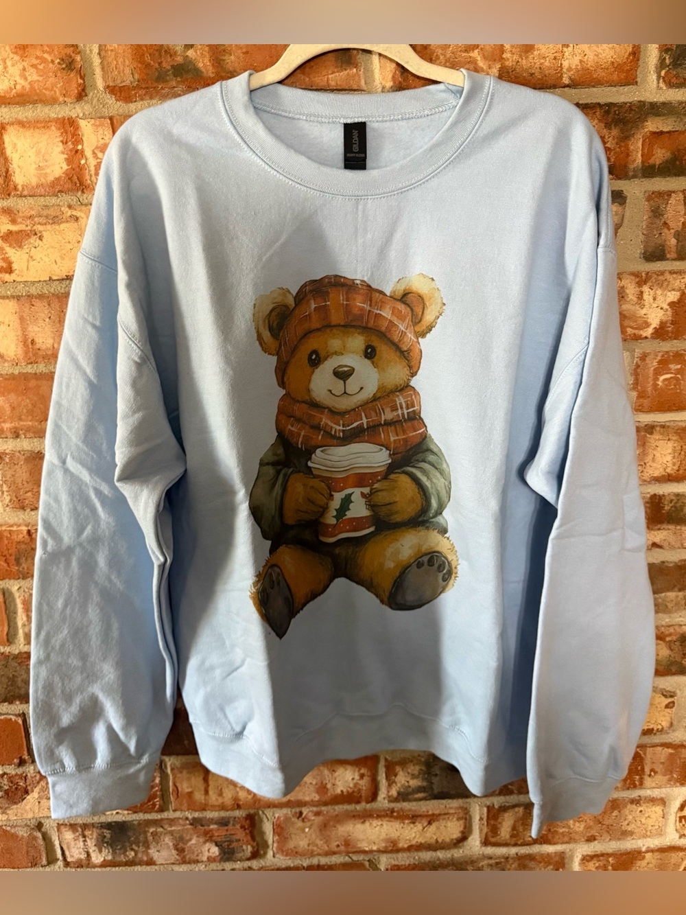 Gildan Light Blue Crewneck Sweatshirt with Teddy Bear Graphic